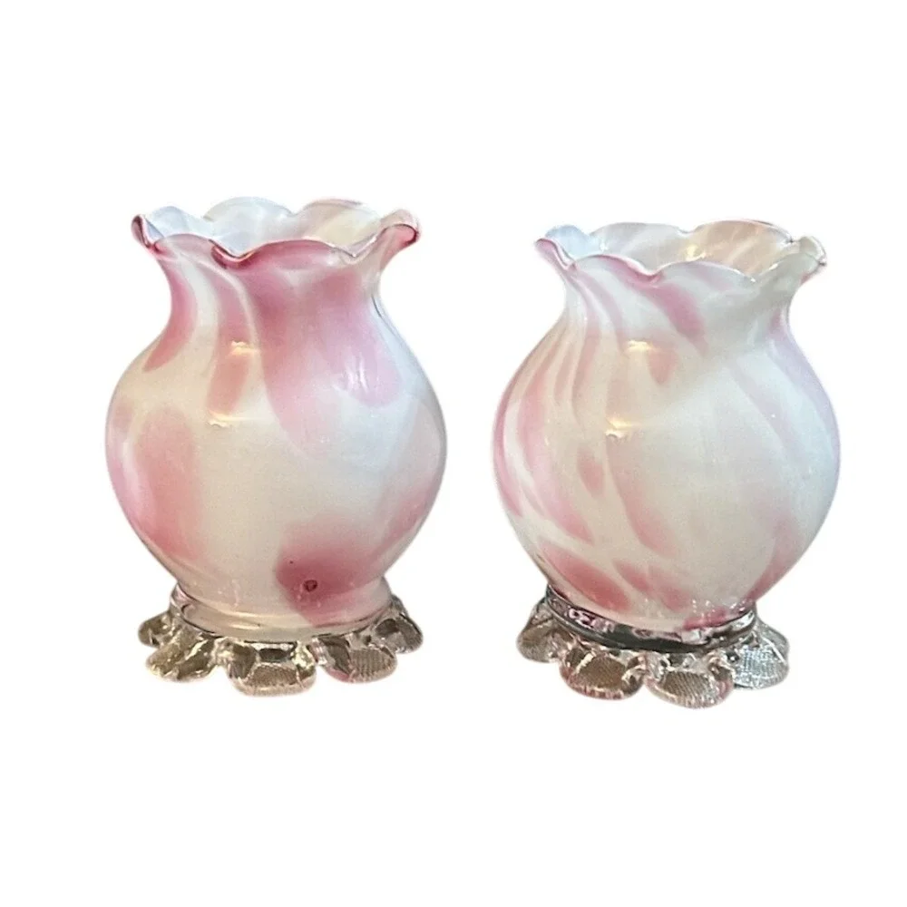 Vintage Pink and White Slag Glass Ruffled Bud Vases with Clover Base Set of 2
